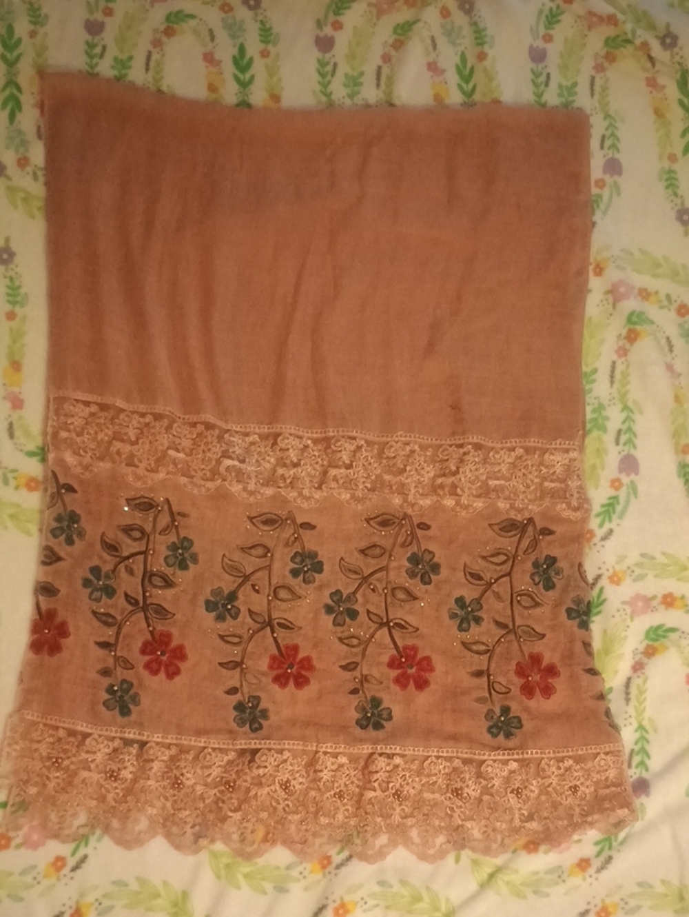 Embroidered Peach Floral Midi Skirt